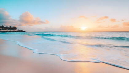 Fototapeta premium Crystal-clear turquoise waters with gentle waves lapping at a pristine beach under a golden sunset