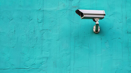 Control and protection of the territory, surveillance and security concept. Outdoor camera hanging on the wall street. Copy paste empty place for text