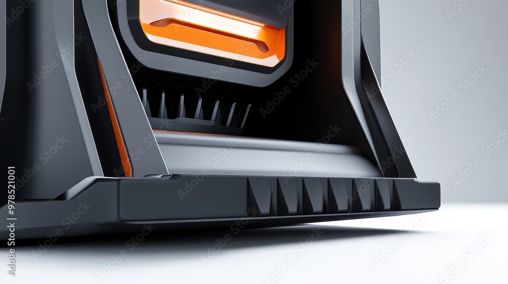 Poster a close-up view of a modern black and orange device showcasing sleek design and futuristic elements 