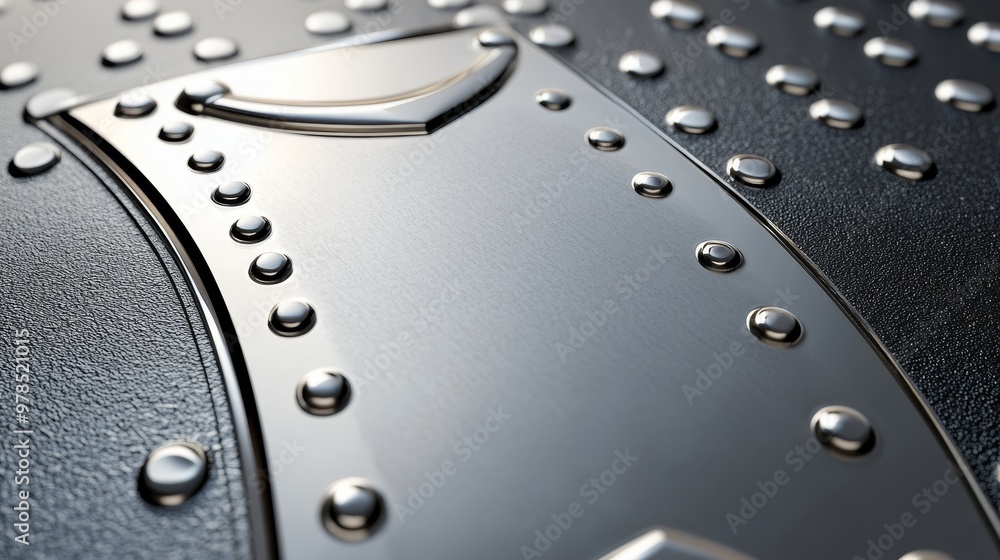 Poster a close-up view of a shiny metallic surface with rivets and a sleek texture, perfect for industrial 