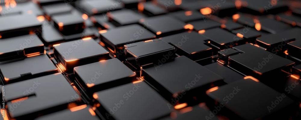 Poster a close-up view of interconnected black tiles with glowing edges, creating a modern and futuristic g