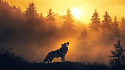 A lone wolf howling at the sunset in a foggy forest, surrounded by trees and wilderness. 