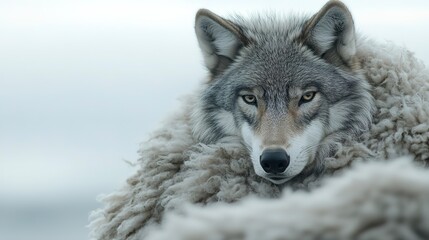 Wolf in sheep's clothing, a striking closeup of a wolf subtly blending into a minimalist environment, showcasing the contrast between predator and prey in a clean setting. 