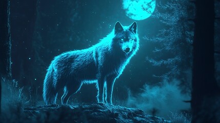 Spectral wolf vibrant aura minimal forest edge low detail moonlit top space for text