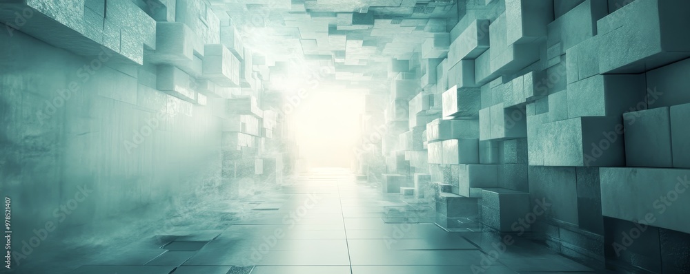 Poster a futuristic corridor filled with luminous light and abstract geometric shapes, creating a surreal d