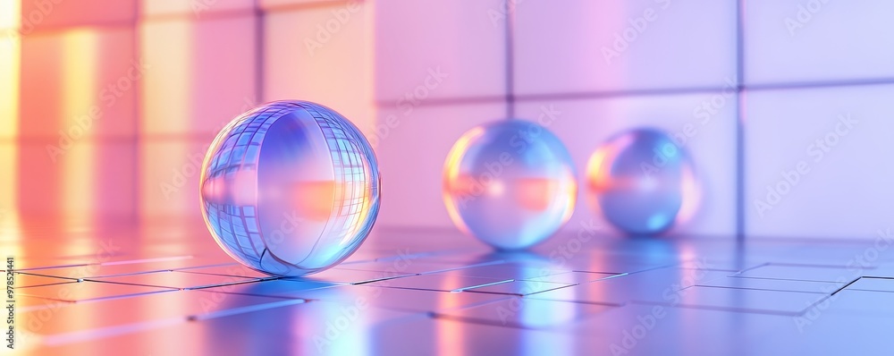 Poster a futuristic scene featuring luminous spheres on a reflective surface, casting vibrant colors and cr