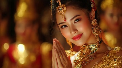 Fototapeta premium Thai Woman Performing Traditional Dance, Adorned in Gold Silk with Grand Temple Backdrop