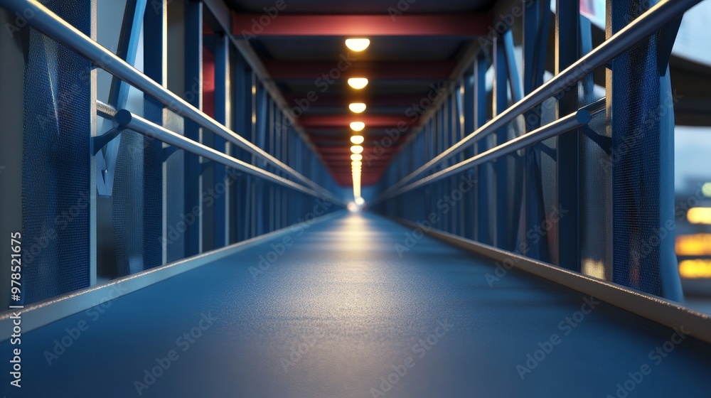 Poster a long corridor with colorful railings and bright lights, creating a sense of depth and perspective.
