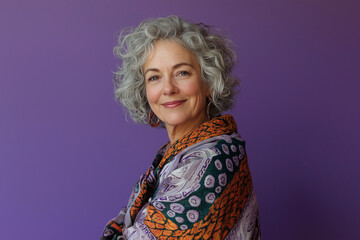 Portrait of a senior woman with curly hair wearing a patterned shawl, smiling at the camera, posing for a photo in the studio with lilac, purple background. international women's day