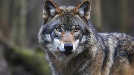 Fototapeta premium A wolf with sharp teeth and eyes, looking straight ahead.
