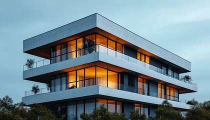 Obraz premium Modern Concrete Building with Illuminated Windows and Balconies