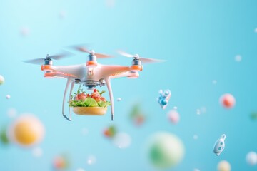A colorful drone carrying a basket of fresh fruits and vegetables against a vibrant blue background, symbolizing modern agriculture.