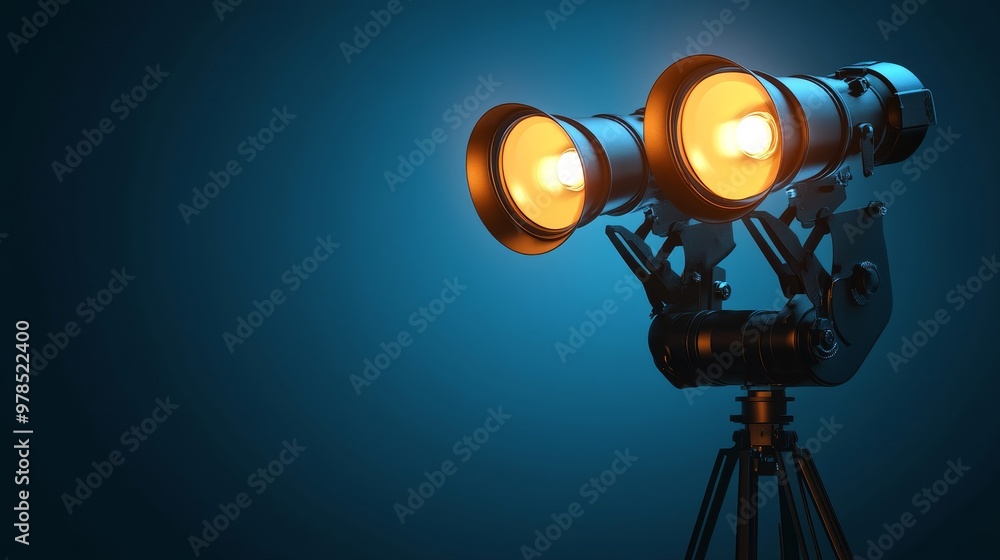 Poster a pair of professional studio lights illuminating a dark space, creating a dynamic and vibrant atmos