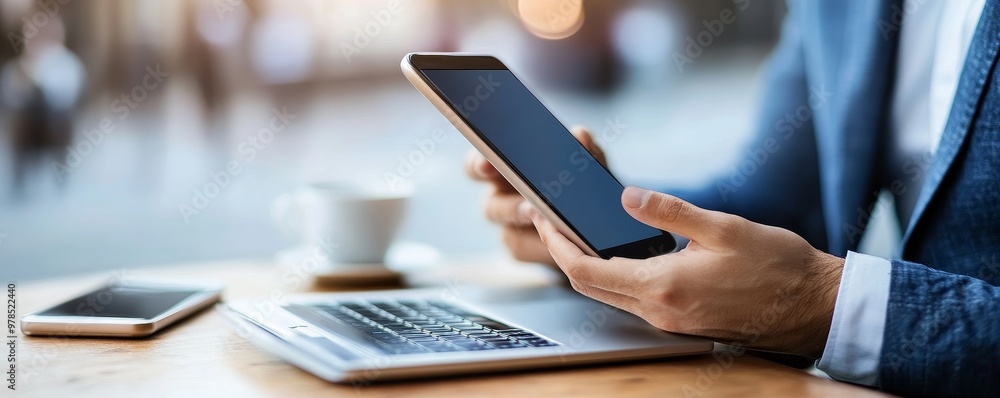 Poster a person using a tablet at a modern workspace with a laptop and coffee, exemplifying productivity an