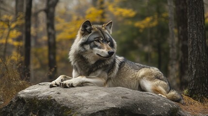 Obraz premium A Lone Wolf Rests Near a Forest Boulder, Merging with the Natural Solitude. 