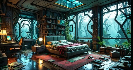 interior of bedroom in futuristic fantasy house. wood cabin room on spring woodland morning. forest home with trees and vines.