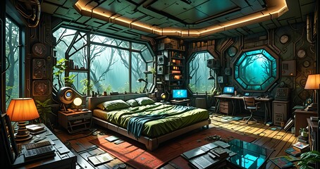 interior of bedroom in futuristic fantasy house. wood cabin room on spring woodland morning. forest home with trees and vines.