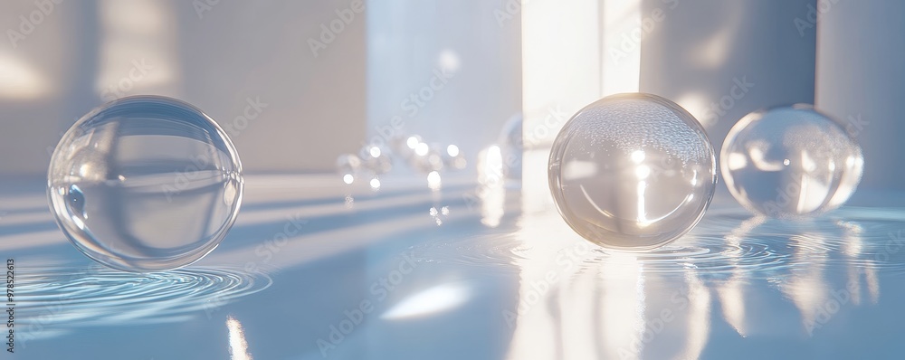 Poster a serene arrangement of transparent spheres reflecting light in an ethereal setting, creating a calm
