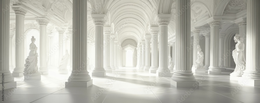 Aufkleber a serene gallery featuring elegant columns and statues, illuminated by soft light, creating a tranqu