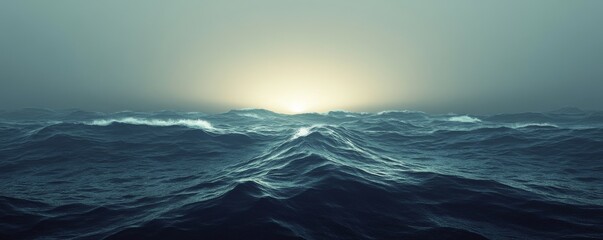 A serene view of dark ocean waves under a misty sky with sunlight peeking through, creating a calming atmosphere.