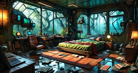 interior of bedroom in futuristic fantasy house. wood cabin room on spring woodland morning. forest home with trees and vines.