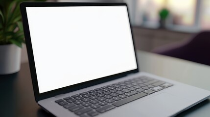 Fototapeta premium A sleek laptop on a desk with a blank screen, perfect for showcasing technology, work environment, or digital creativity.