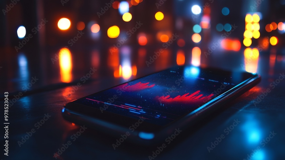 Poster a smartphone displaying vibrant data graphs against a backdrop of colorful bokeh lights, symbolizing