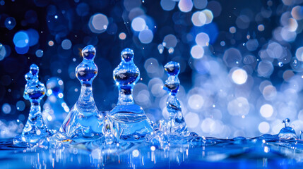 Abstract water droplets creating elegant chess piece silhouettes against blue bokeh background