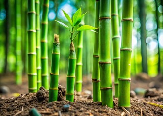 Obraz premium Elegant green stems emerge from the ground, a burst of life as the bamboo sprouts grow towards the light.