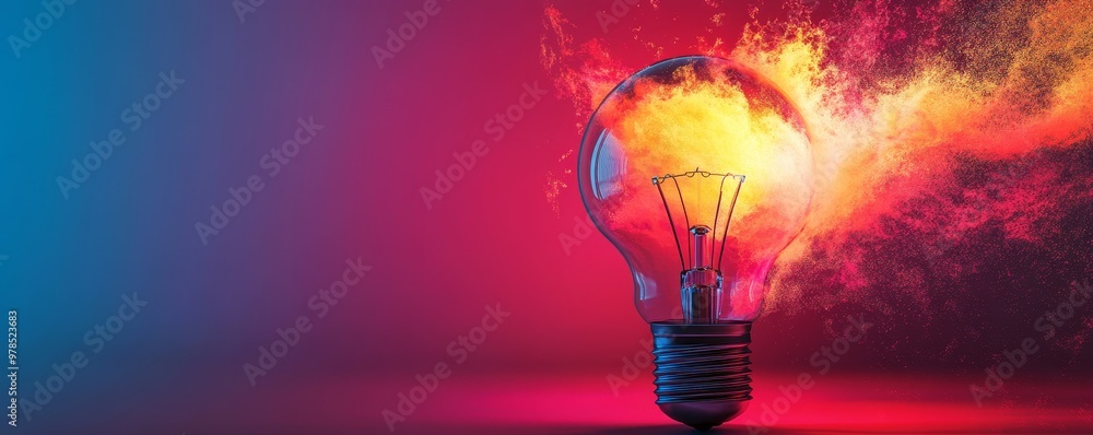 Poster a vibrant light bulb exploding with colorful flames, symbolizing creativity and innovation in a visu