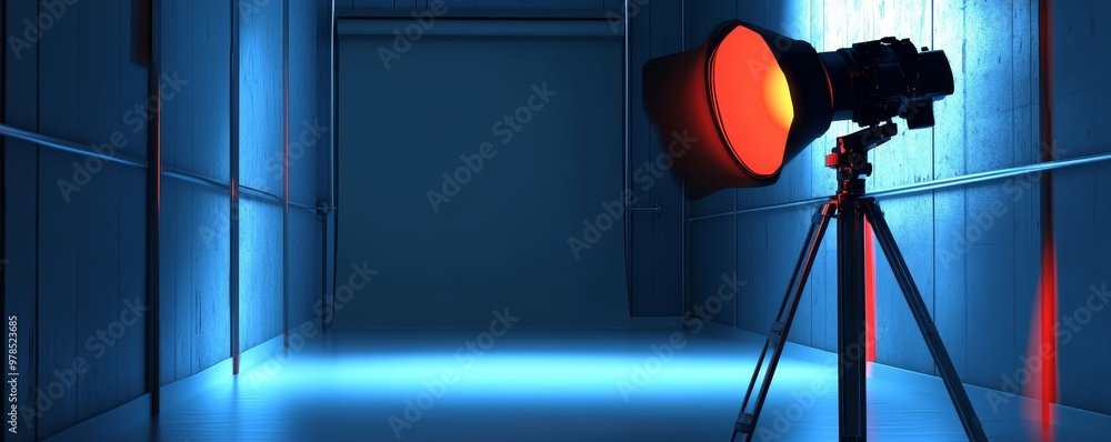 Poster a vibrant studio setup featuring a spotlighted camera on a tripod, creating an artistic atmosphere w