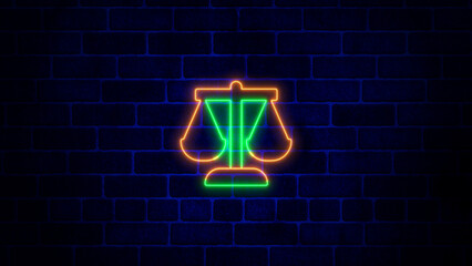 scale icon. Neon weight Scale Icons on brick wall.