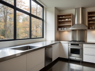 Modern Kitchen with Stainless Steel Appliances and a View of Fall Foliage