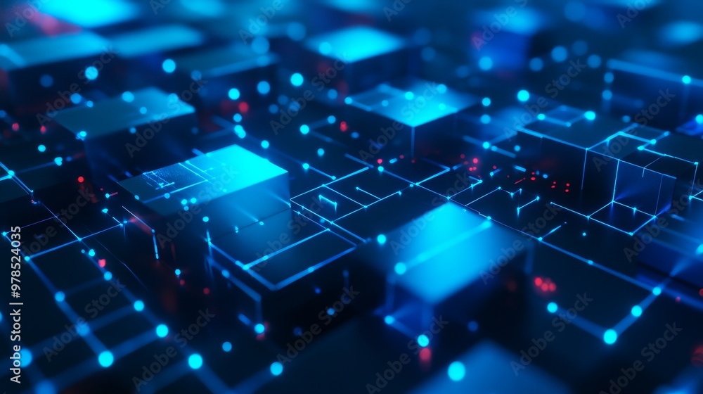 Poster abstract digital landscape of glowing blue cubes and connecting lines, representing modern technolog