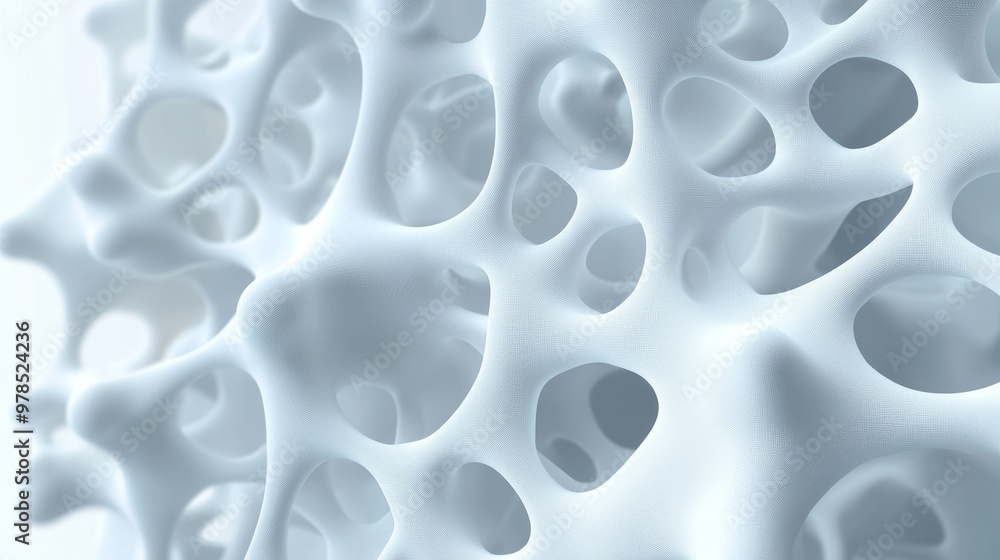 Poster an abstract close-up of a porous white structure, showcasing intricate patterns and textures that ev