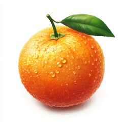 A fresh mandarin orange with water droplets on its textured peel and an attached green leaf, set against a white background.