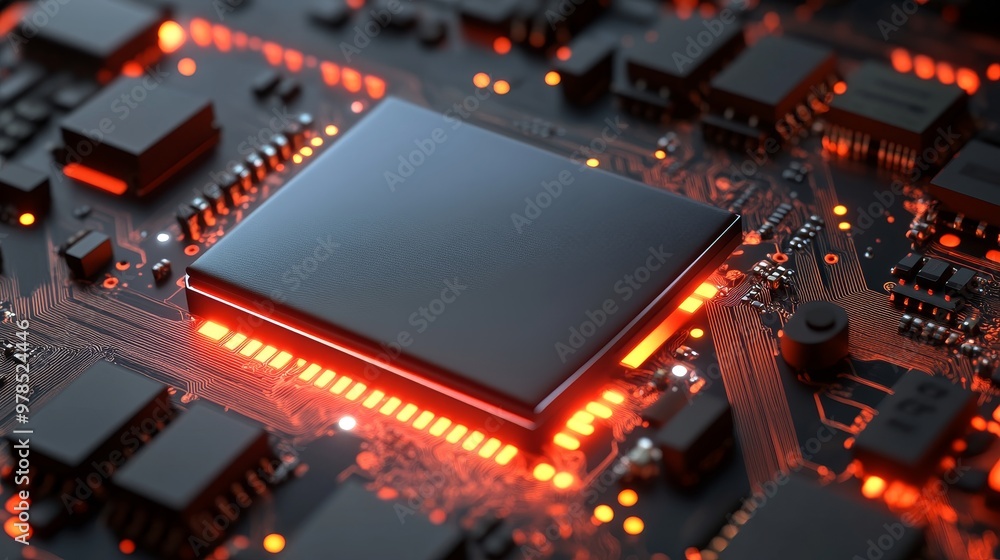 Poster close-up of a circuit board featuring a central processor unit with glowing lights, showcasing moder