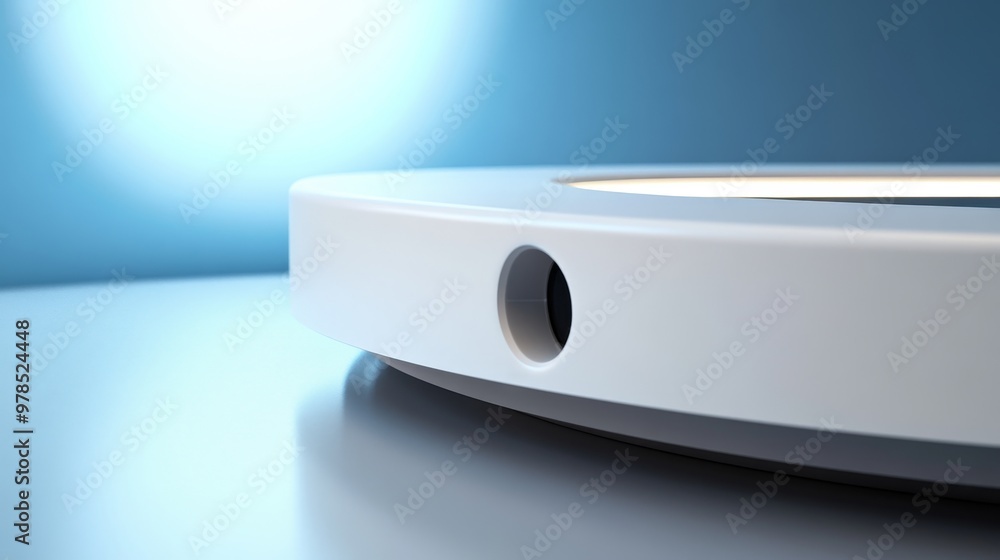 Poster close-up of a circular device with a smooth surface and a hole, set against a soft blue background, 