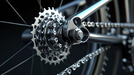Obraz premium Close-up of a bicycle gear mechanism, showcasing detailed metal parts and intricate design, highlighting bicycle engineering and craftsmanship.