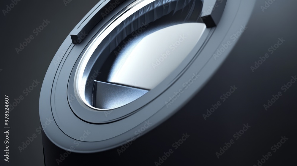 Poster close-up of a modern, sleek design element showcasing shiny metal and smooth curves. perfect for tec