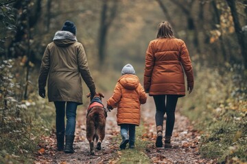 Family Autumn Walk with Dog