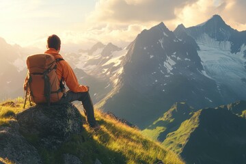 Fototapeta premium Solo Adventurer Enjoying Mountain Sunset