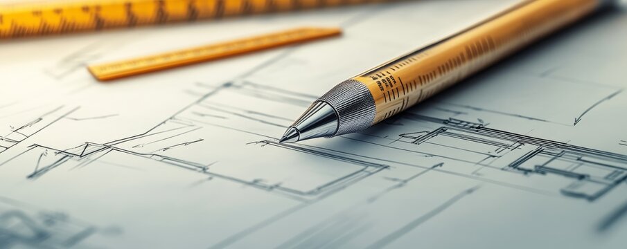 Close-up of a pen and ruler on architectural blueprints, showcasing precision and design in drafting and planning processes.