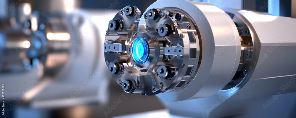 Poster close-up of an advanced robotic arm with a glowing blue core, showcasing intricate details and moder
