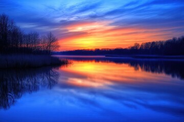 Fototapeta premium Vibrant Sunset Reflection over Tranquil Lake