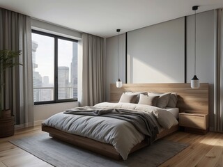 Modern Minimalist Bedroom with City View and Wooden Platform Bed