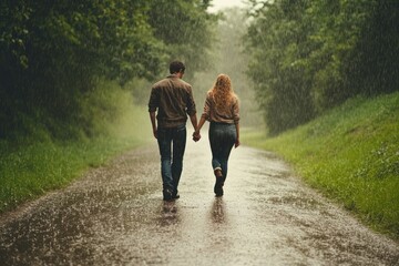 Obraz premium Couple Walking on a Rainy Path