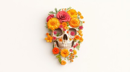 Fototapeta premium A detailed skull illustration decorated with vibrant flowers, roses, and marigolds, placed on a minimalistic white background
