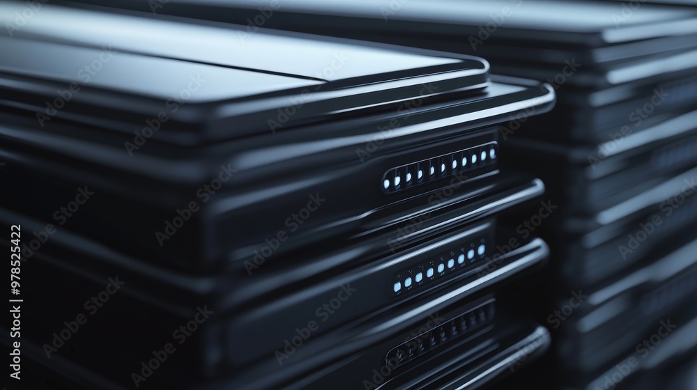 Poster close-up of sleek black data storage devices stacked, showcasing modern technology and efficient des