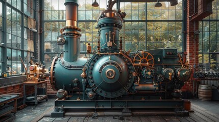 Vintage industrial machinery, a large, teal-colored engine with copper accents, stands in a brick-walled room with large windows.